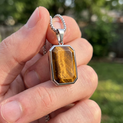 Close-up of the tiger eye pendant