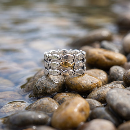 The single gold fish swimming against the silver ones