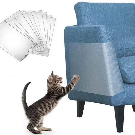 Clear scratch guard on a sofa arm with a cat reaching for it