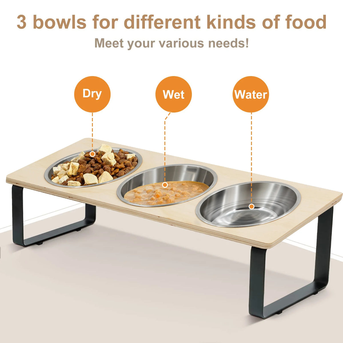 Three bowls for dry food, wet food and water