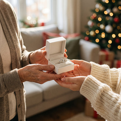 Grandma giving her granddaughter the hug ring in its gift box