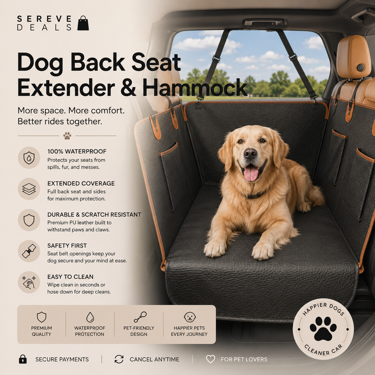 SEREVE Dog Back Seat Extender & Hammock