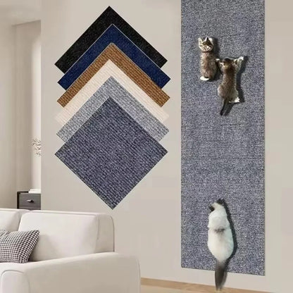 Cats climbing a scratch mat stuck to a wall
