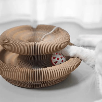 Cat reaching into the stacked double-decker shape for the bell ball