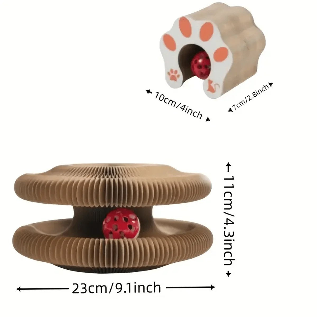 Scratcher dimensions: 9.1 inches across, 4.3 inches tall, folds to 4 by 2.8 inches